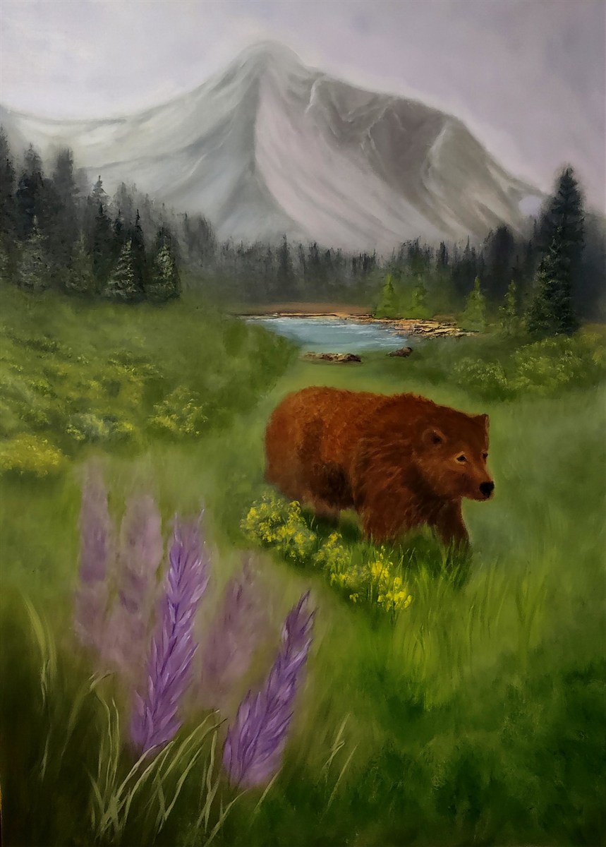 Bear in a wildflower meadow, Montana — oil painting by Riverbend Art